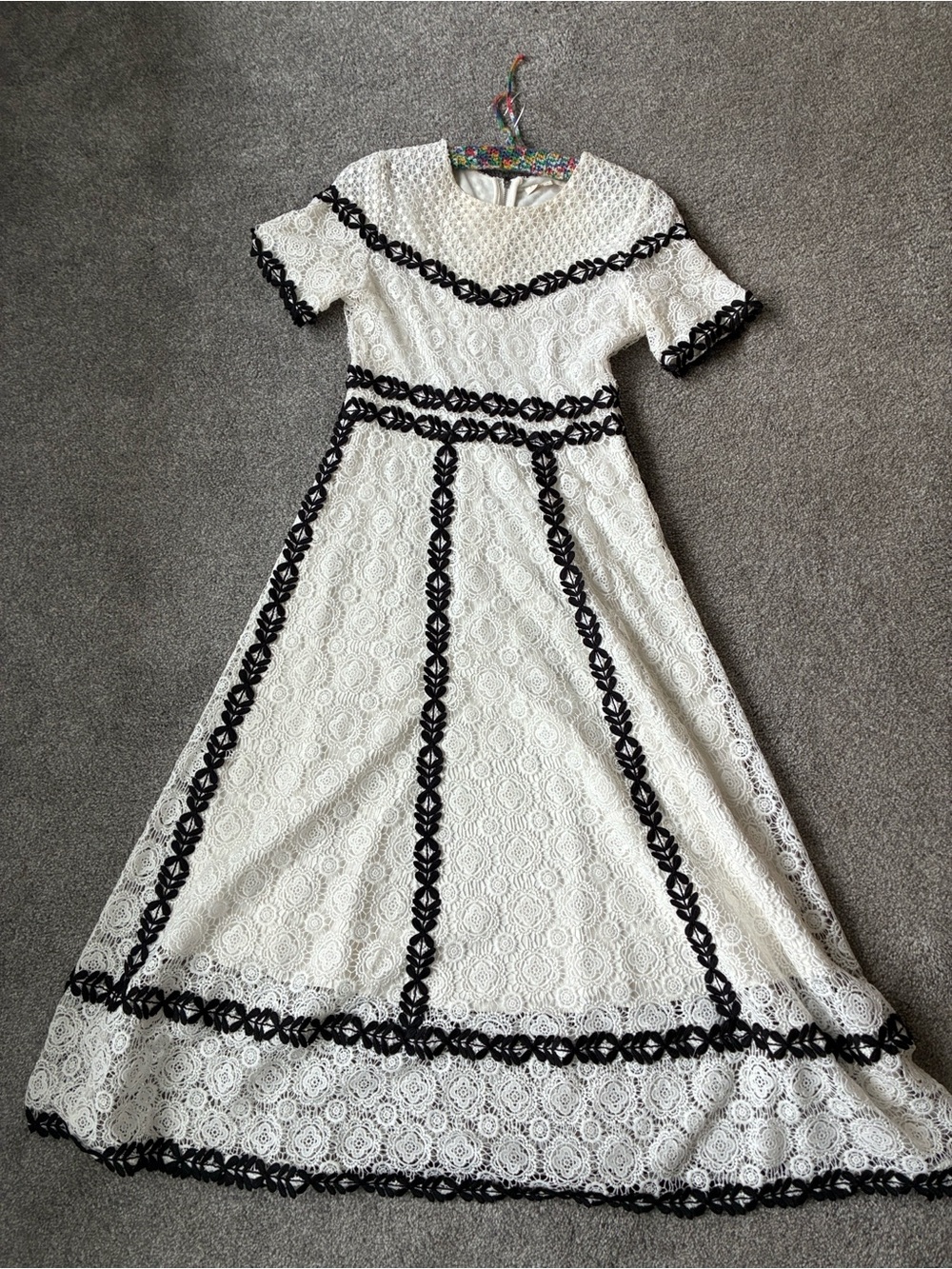 Maje White Lace Midi Dress with Black Trim